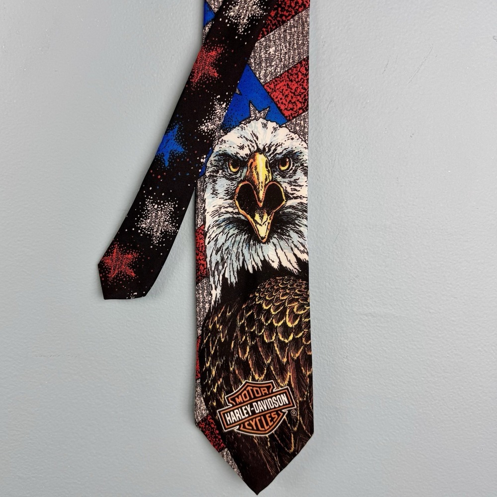 1994 Ralph Marlin Harley Davidson Eagle American USA Flag Neck Tie 58'L 3.5"W